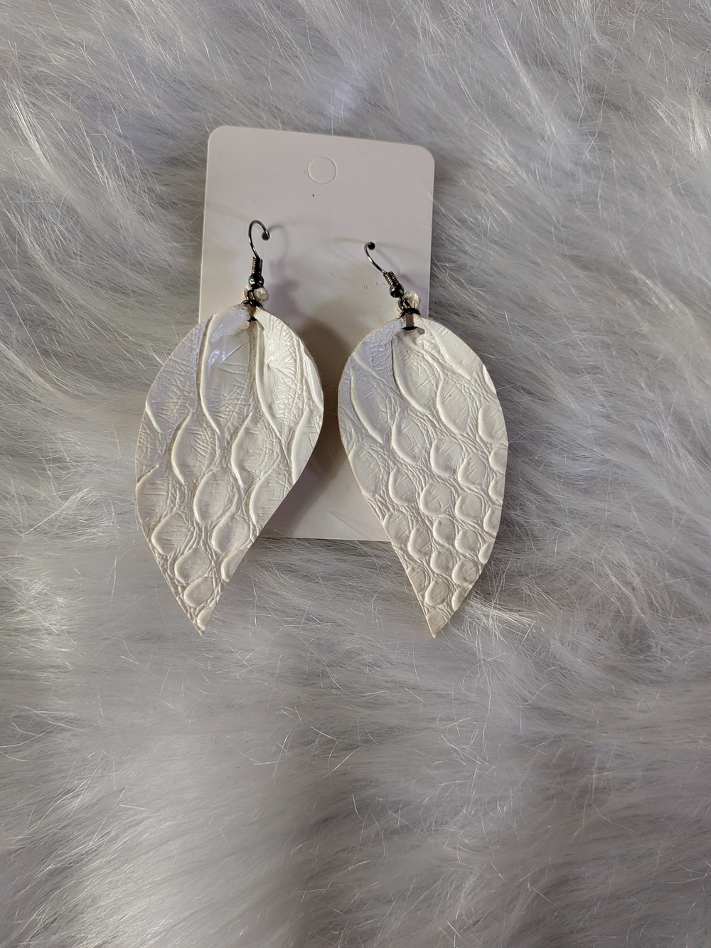 White Textured Leaf Drop Earrings - Women Jewelry